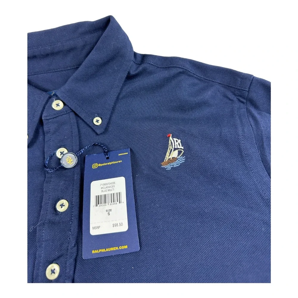 Polo Ralph Lauren Navy Knit Oxford Lobster Boats All Embroidered Polo Size S NWT